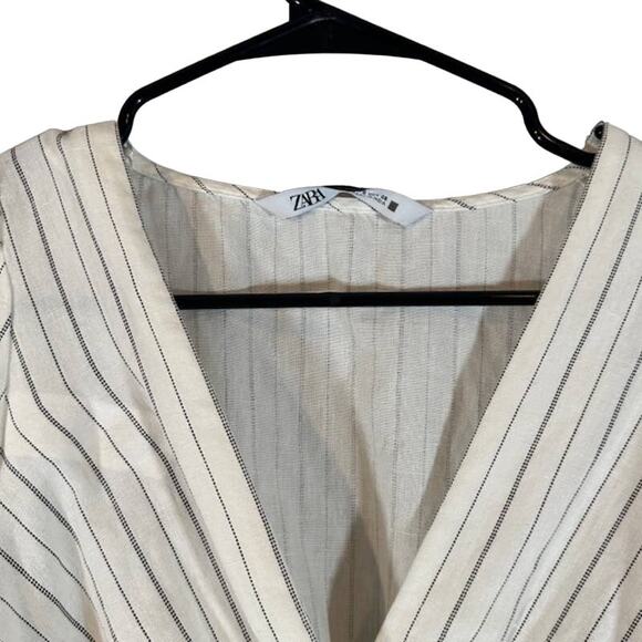 Zara White Striped V-Neck Kimono Sleeve Accordion Trim Cropped Top Women Sz S - Picture 6 of 8